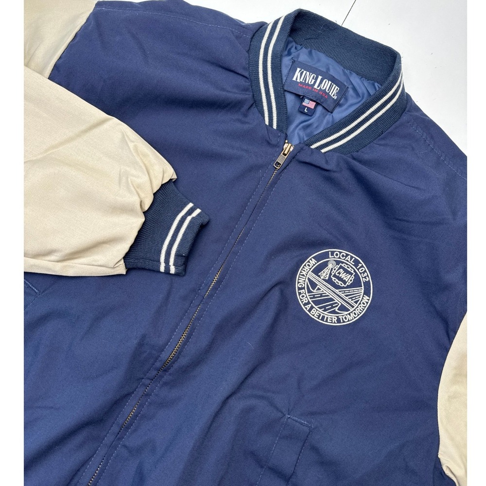 King Louie Vintage Varsity Bomber Jacket Navy Blue CWA Local 1032 Mens L USA